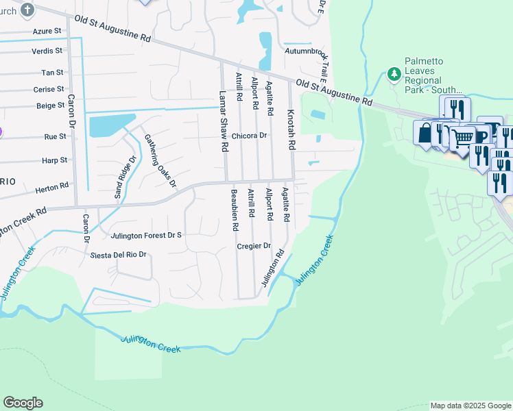 map of restaurants, bars, coffee shops, grocery stores, and more near 12689 Attrill Road in Jacksonville