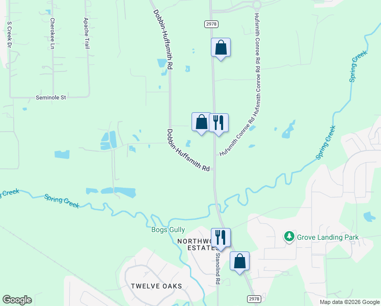 map of restaurants, bars, coffee shops, grocery stores, and more near 26030 Dobbin-Huffsmith Road in Magnolia