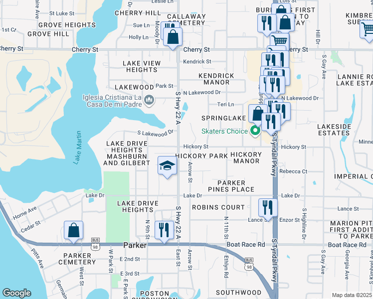 map of restaurants, bars, coffee shops, grocery stores, and more near 5014 Hickory Street in Panama City