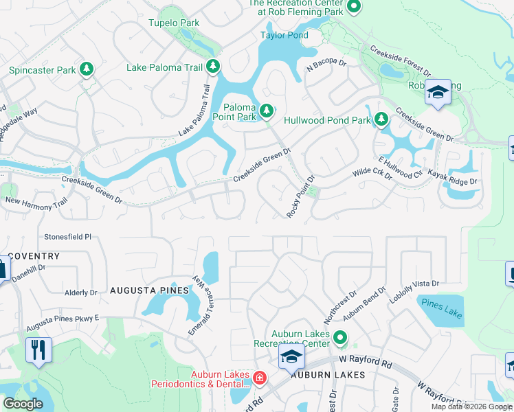 map of restaurants, bars, coffee shops, grocery stores, and more near 30 Fraiser Fir Place in The Woodlands