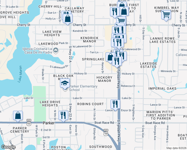 map of restaurants, bars, coffee shops, grocery stores, and more near 5214 Hickory Street in Panama City