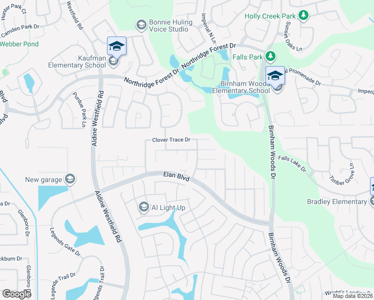 map of restaurants, bars, coffee shops, grocery stores, and more near Rose Trace Drive in Spring