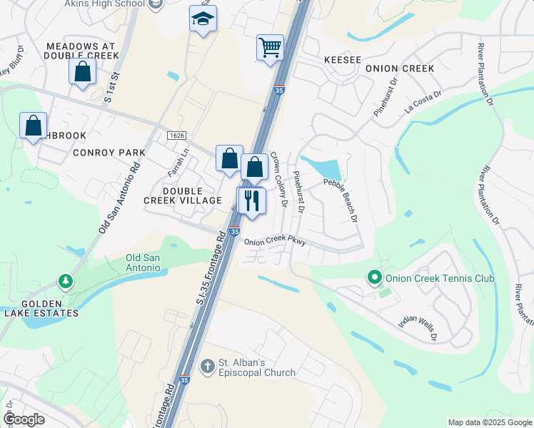 map of restaurants, bars, coffee shops, grocery stores, and more near 2210 Onion Creek Parkway in Austin