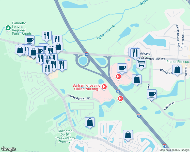 map of restaurants, bars, coffee shops, grocery stores, and more near Old Saint Augustine Road in Jacksonville