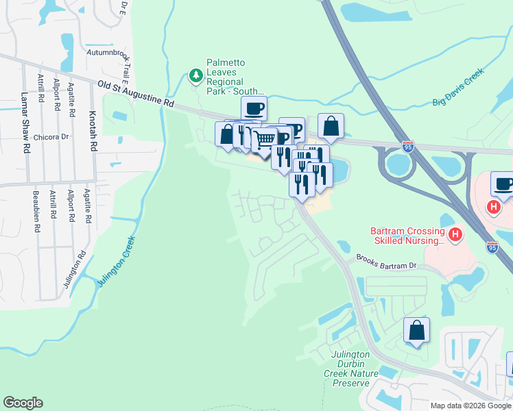 map of restaurants, bars, coffee shops, grocery stores, and more near 12700 Bartram Park Boulevard in Jacksonville