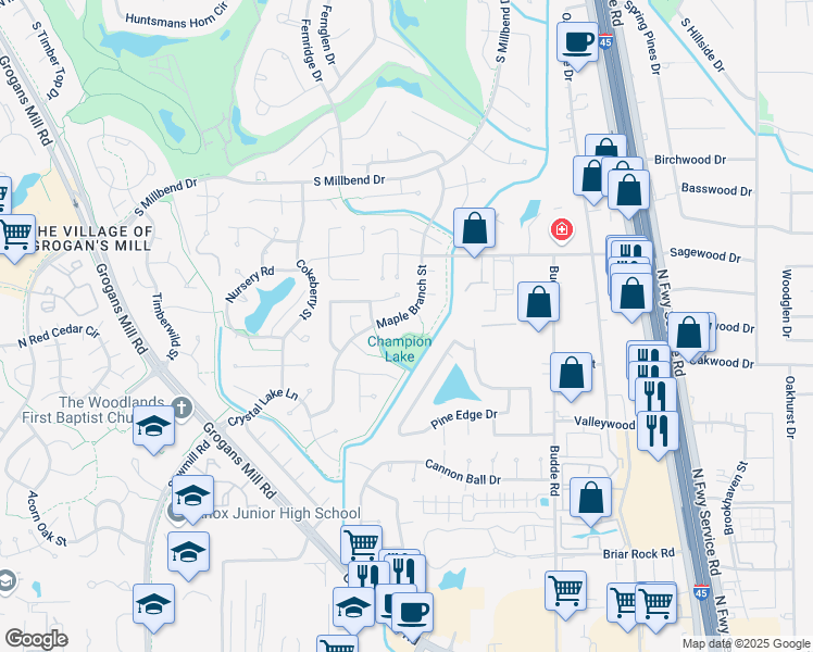 map of restaurants, bars, coffee shops, grocery stores, and more near 90 Maple Branch Street in Spring