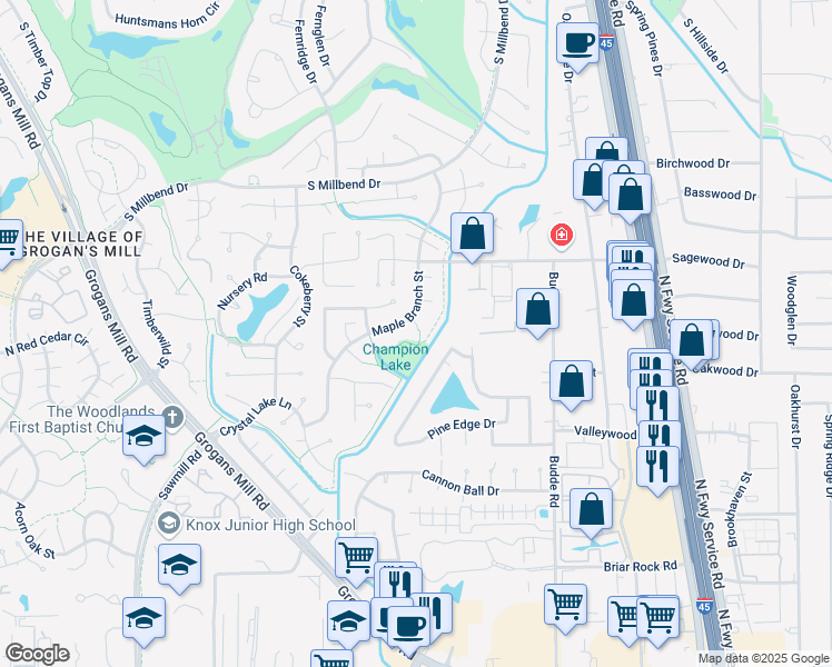 map of restaurants, bars, coffee shops, grocery stores, and more near 9 Crested Tern Court in Spring