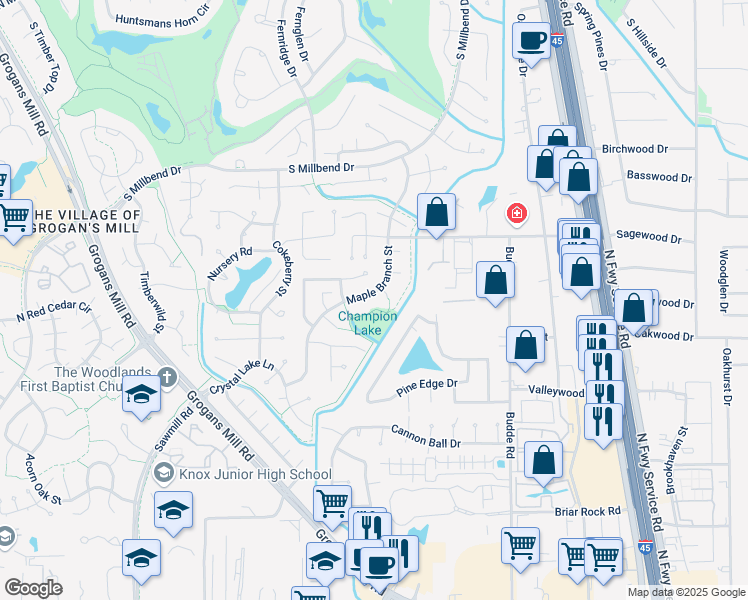 map of restaurants, bars, coffee shops, grocery stores, and more near 90 Maple Branch Street in Spring