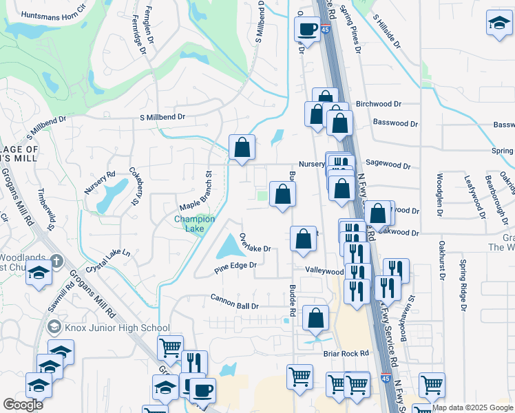map of restaurants, bars, coffee shops, grocery stores, and more near 26001 Budde Road in Spring