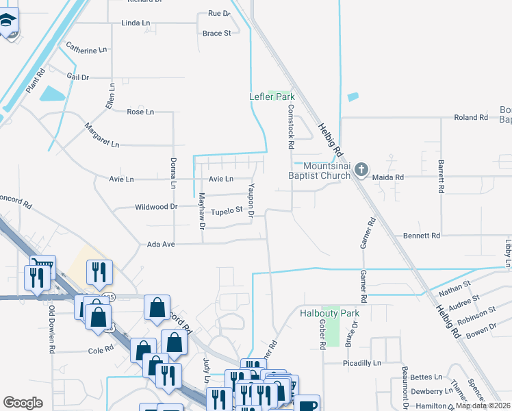 map of restaurants, bars, coffee shops, grocery stores, and more near 4875 Yaupon Drive in Beaumont