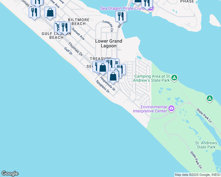 map of restaurants, bars, coffee shops, grocery stores, and more near 4810 Spyglass Drive in Panama City