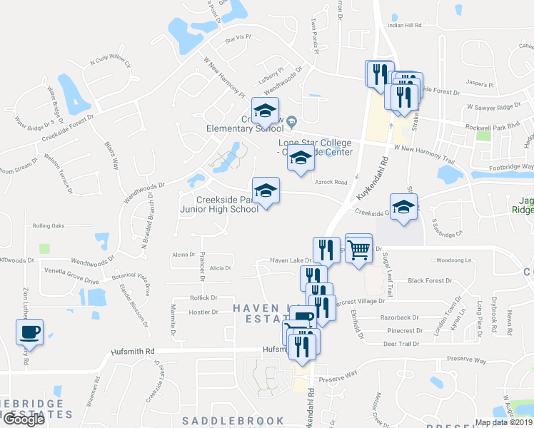 map of restaurants, bars, coffee shops, grocery stores, and more near 8711 Creekside Green Drive in The Woodlands