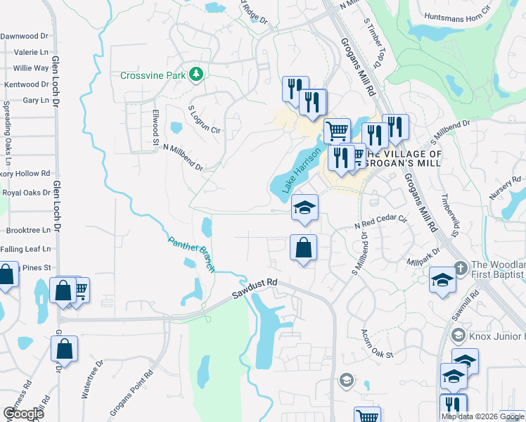 map of restaurants, bars, coffee shops, grocery stores, and more near 58 Secluded Trail in The Woodlands