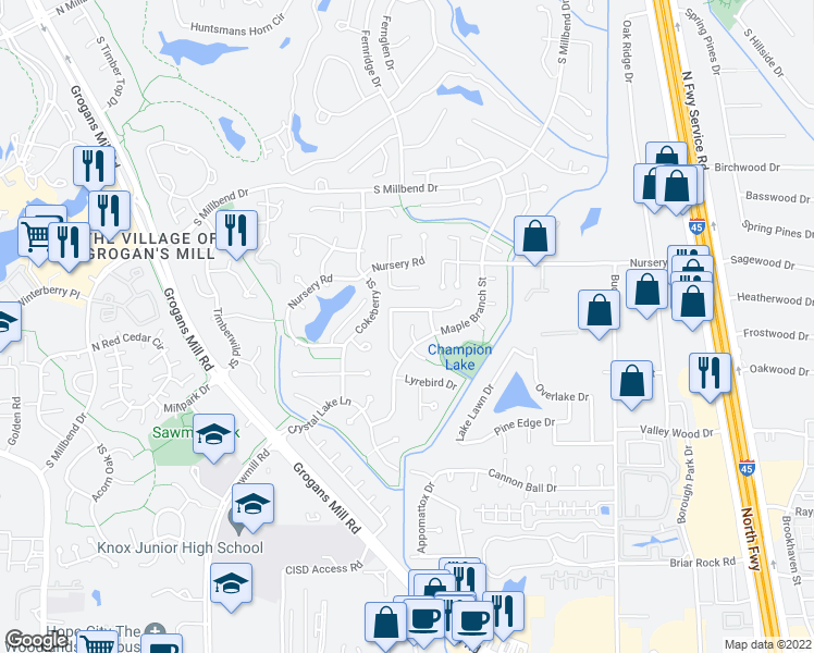 map of restaurants, bars, coffee shops, grocery stores, and more near 13 Raven Ridge Lane in Spring