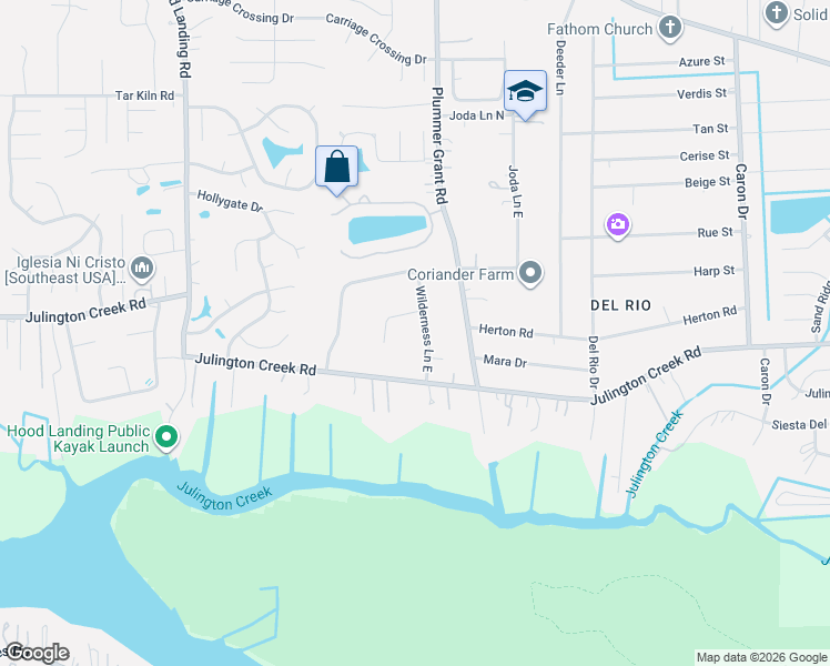 map of restaurants, bars, coffee shops, grocery stores, and more near 12784 Wilderness Lane East in Jacksonville