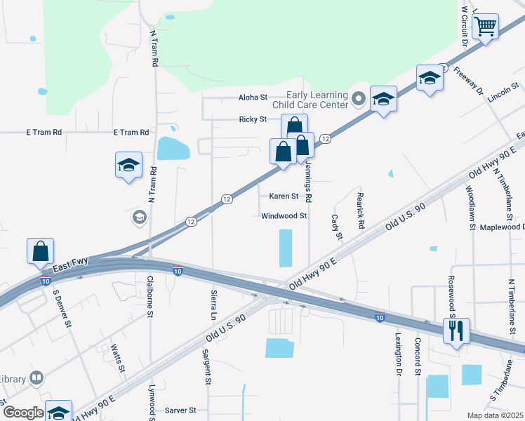 map of restaurants, bars, coffee shops, grocery stores, and more near 1330 Windwood Street in Vidor