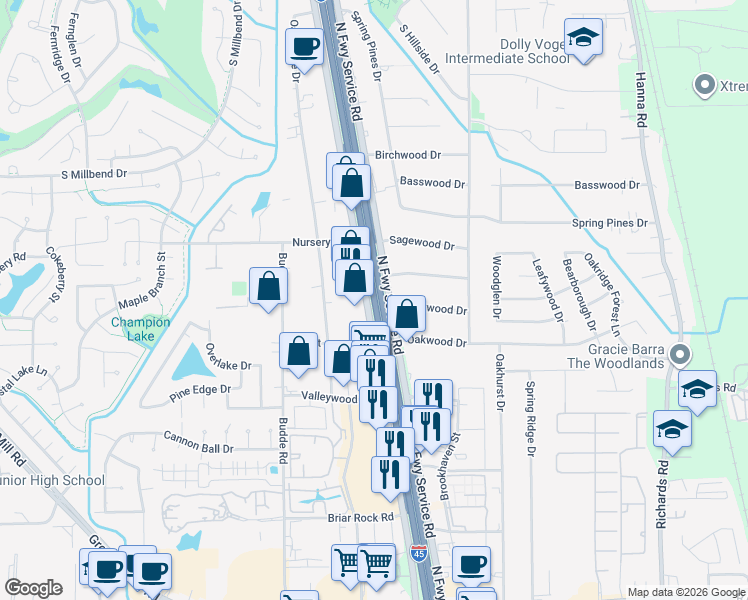 map of restaurants, bars, coffee shops, grocery stores, and more near 25750 Interstate 45 in Spring