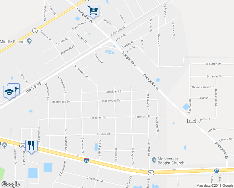 map of restaurants, bars, coffee shops, grocery stores, and more near 115 Oakland Street in Vidor