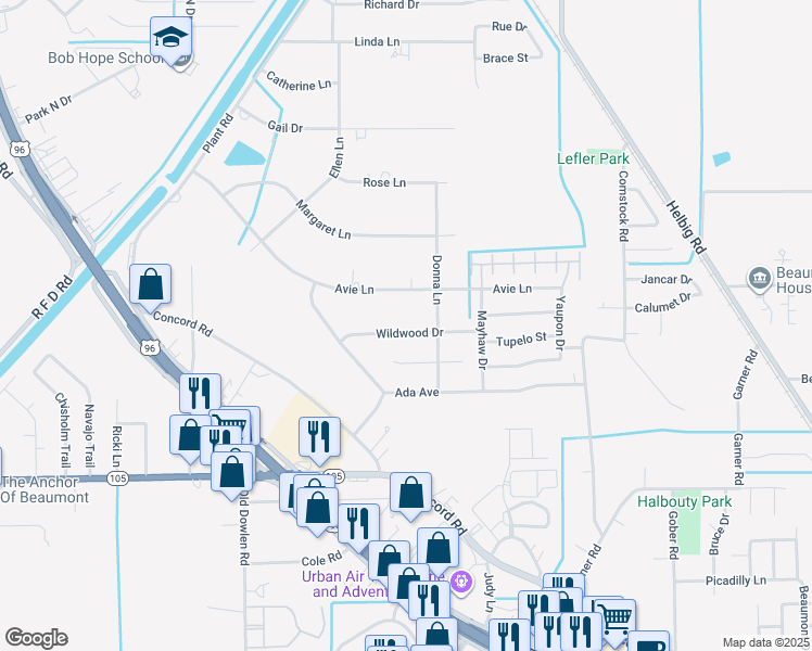 map of restaurants, bars, coffee shops, grocery stores, and more near 5255 Wildwood Drive in Beaumont