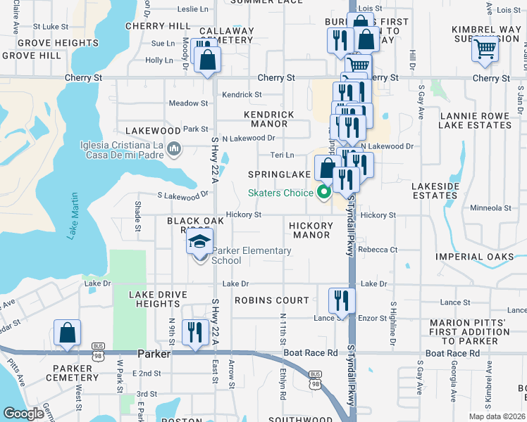 map of restaurants, bars, coffee shops, grocery stores, and more near 5201 Hickory Street in Panama City