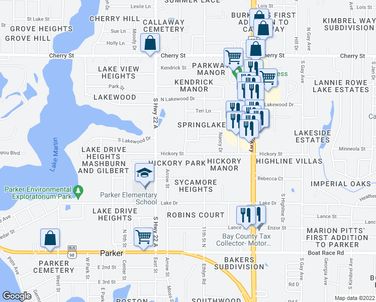 map of restaurants, bars, coffee shops, grocery stores, and more near 5201 Hickory Street in Panama City