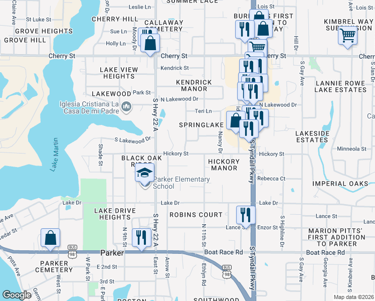 map of restaurants, bars, coffee shops, grocery stores, and more near 5114 Hickory Street in Panama City