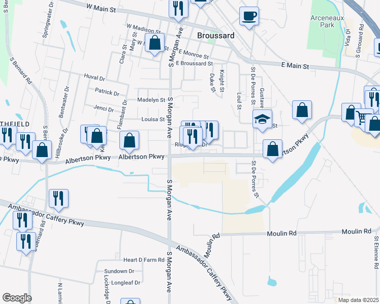 map of restaurants, bars, coffee shops, grocery stores, and more near 807 Albertson Parkway in Broussard