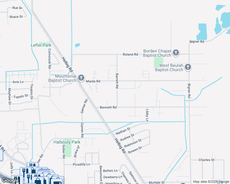 map of restaurants, bars, coffee shops, grocery stores, and more near 6110-6350 Barrett Rd in Beaumont