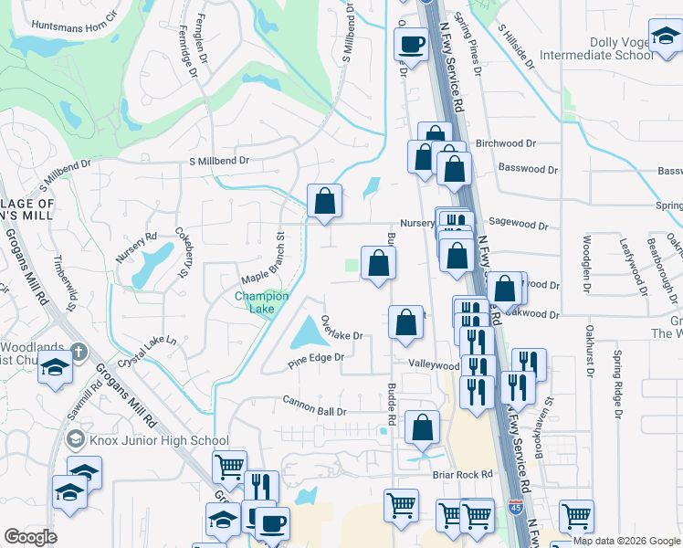 map of restaurants, bars, coffee shops, grocery stores, and more near 26001 Budde Road in Spring