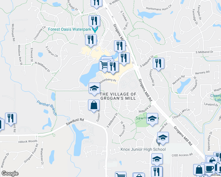 map of restaurants, bars, coffee shops, grocery stores, and more near 2500 South Millbend Drive in The Woodlands