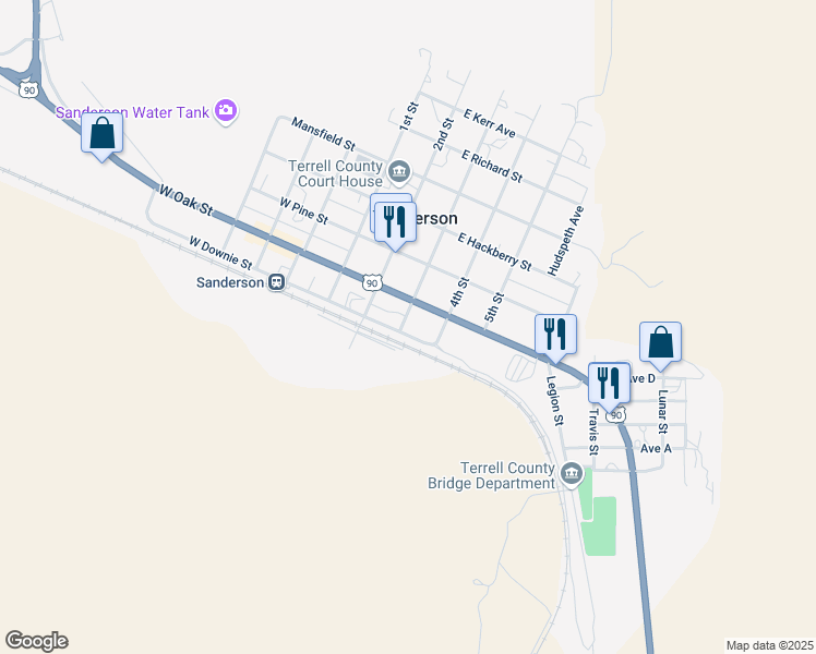 map of restaurants, bars, coffee shops, grocery stores, and more near 100 3rd Street in Sanderson
