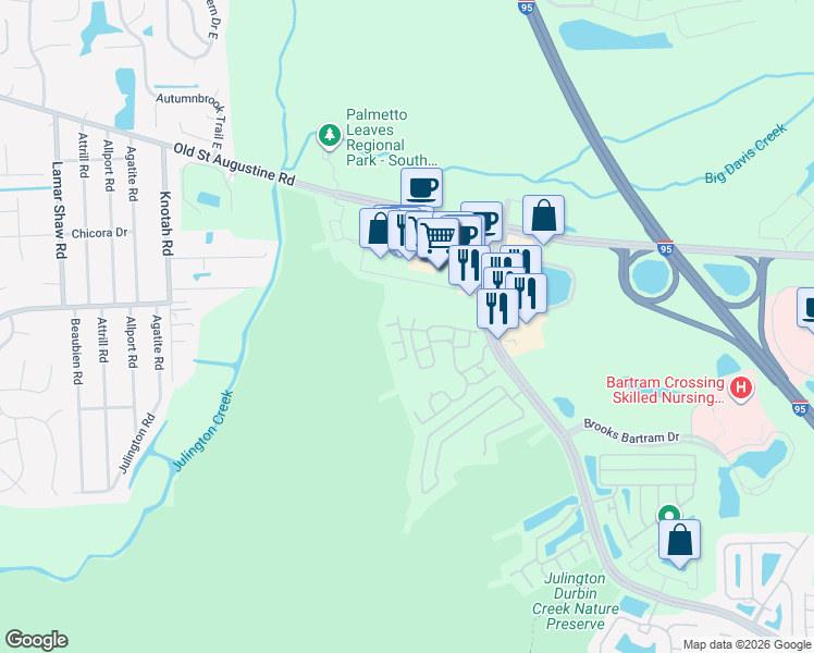 map of restaurants, bars, coffee shops, grocery stores, and more near 12700 Bartram Park Boulevard in Jacksonville