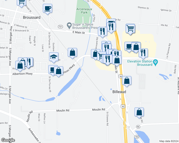 map of restaurants, bars, coffee shops, grocery stores, and more near 114 Fallow Lane in Broussard