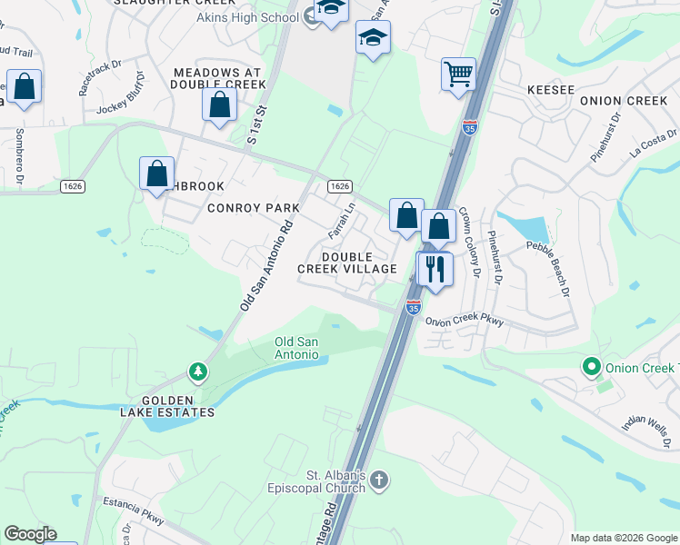 map of restaurants, bars, coffee shops, grocery stores, and more near 1900 Onion Creek Parkway in Austin