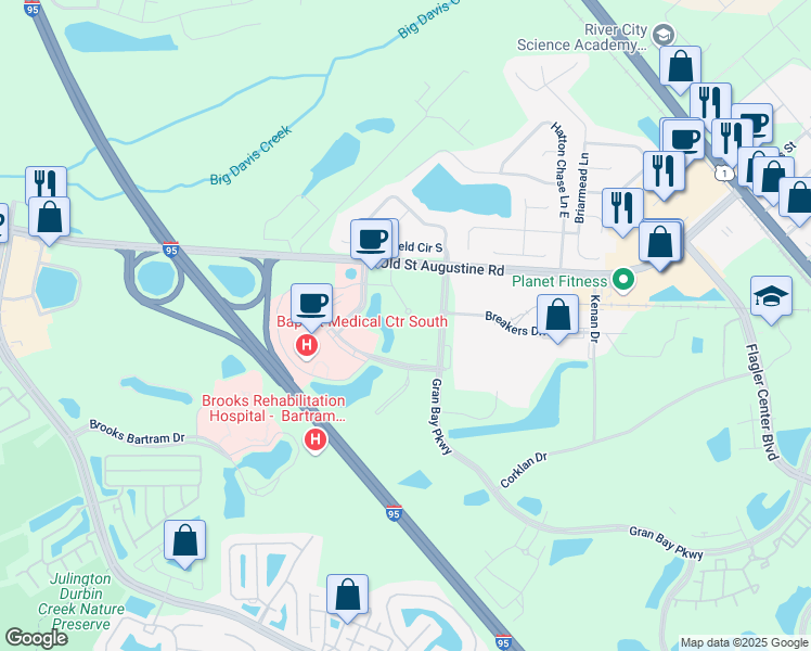 map of restaurants, bars, coffee shops, grocery stores, and more near 12740 Gran Bay Parkway in Jacksonville