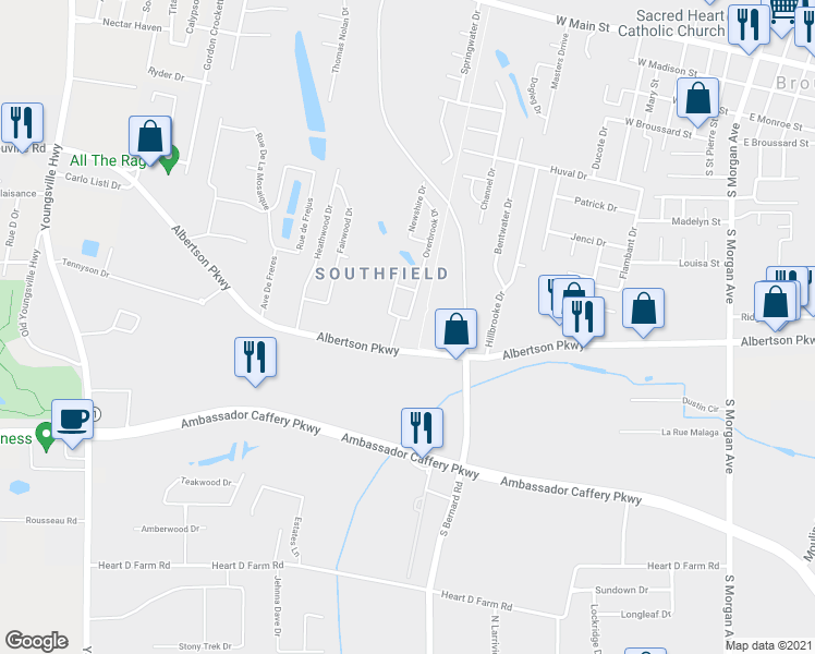map of restaurants, bars, coffee shops, grocery stores, and more near 105 Chilton Drive in Broussard