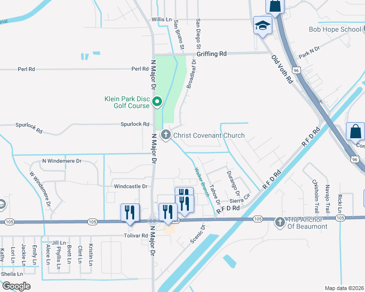 map of restaurants, bars, coffee shops, grocery stores, and more near 7230 Firethorn Drive in Beaumont