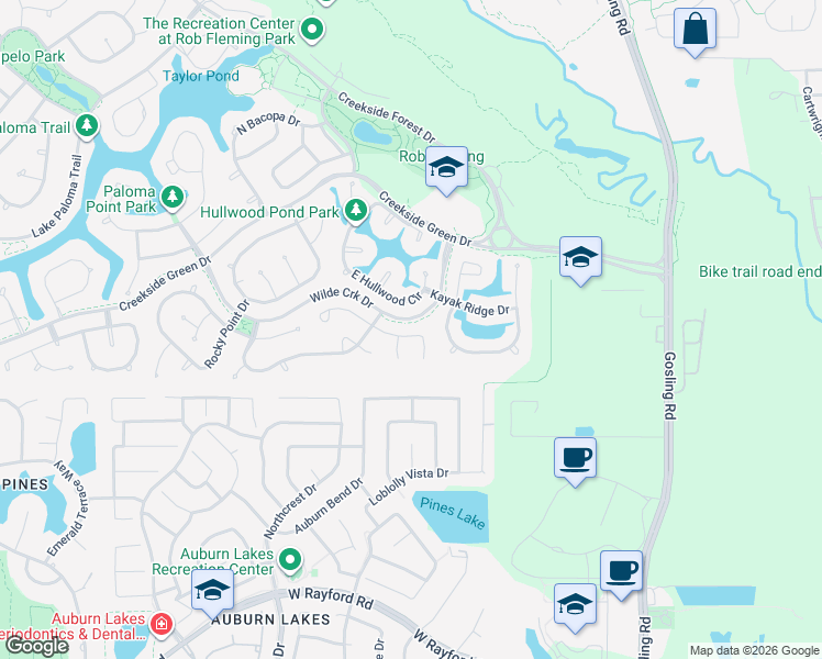 map of restaurants, bars, coffee shops, grocery stores, and more near 35 East Hullwood Circle in Spring
