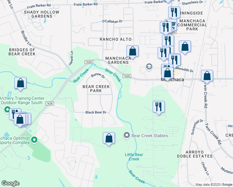 map of restaurants, bars, coffee shops, grocery stores, and more near 12709 Burson Drive in Manchaca