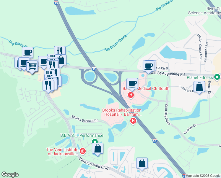 map of restaurants, bars, coffee shops, grocery stores, and more near Highway 9 in Jacksonville
