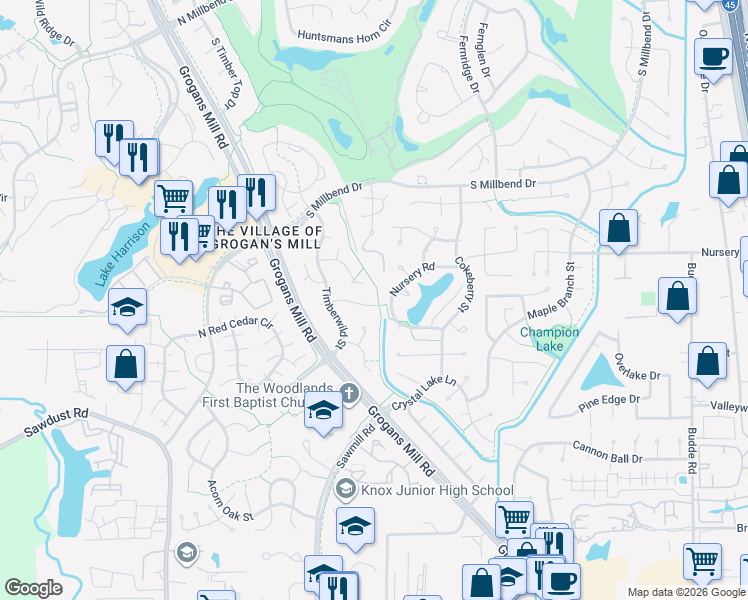 map of restaurants, bars, coffee shops, grocery stores, and more near 1852 Nursery Road in Spring