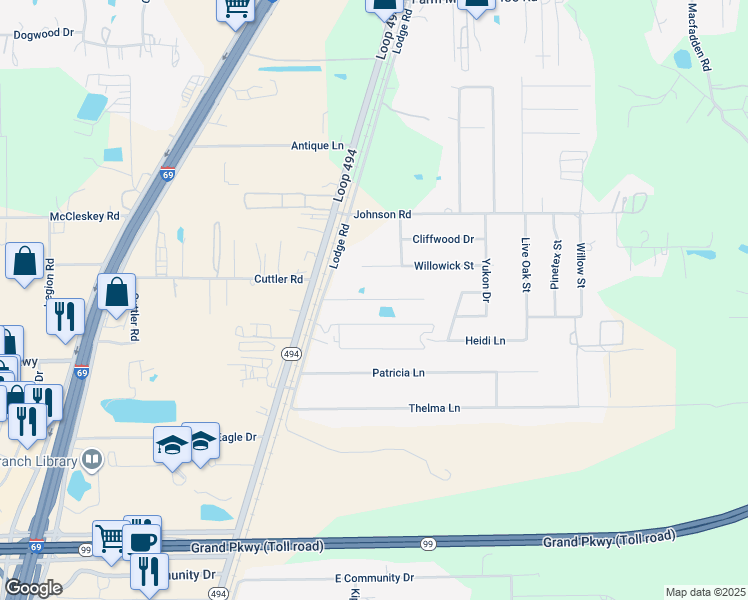 map of restaurants, bars, coffee shops, grocery stores, and more near 23138 Willowick Street in New Caney