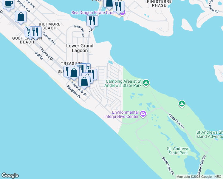 map of restaurants, bars, coffee shops, grocery stores, and more near 245 Barracuda Drive in Panama City Beach