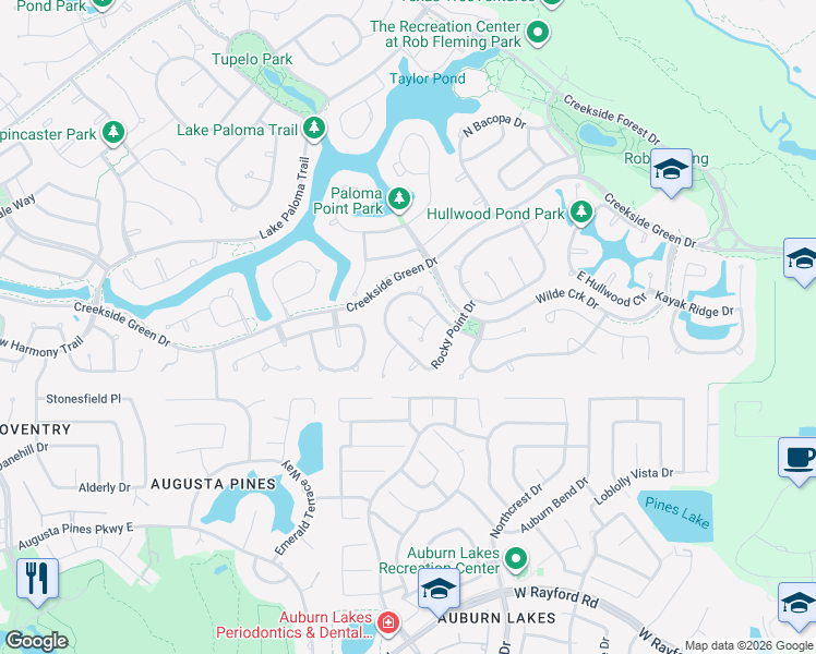 map of restaurants, bars, coffee shops, grocery stores, and more near 79 South Rocky Point Circle in Spring