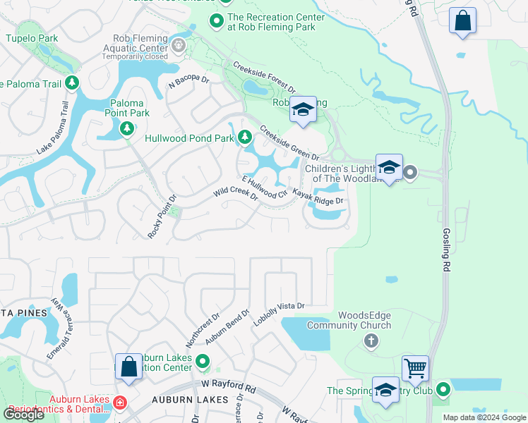 map of restaurants, bars, coffee shops, grocery stores, and more near 35 East Hullwood Circle in Spring