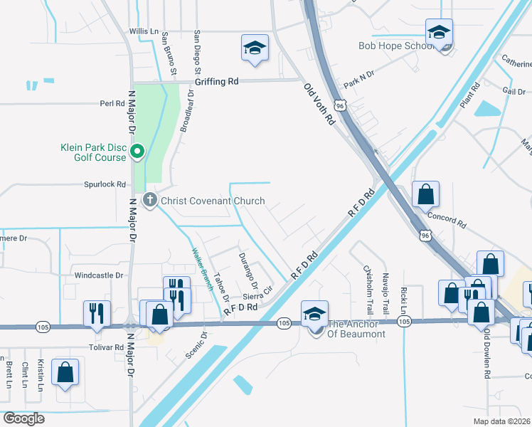 map of restaurants, bars, coffee shops, grocery stores, and more near 6490 Highpoint Avenue in Beaumont