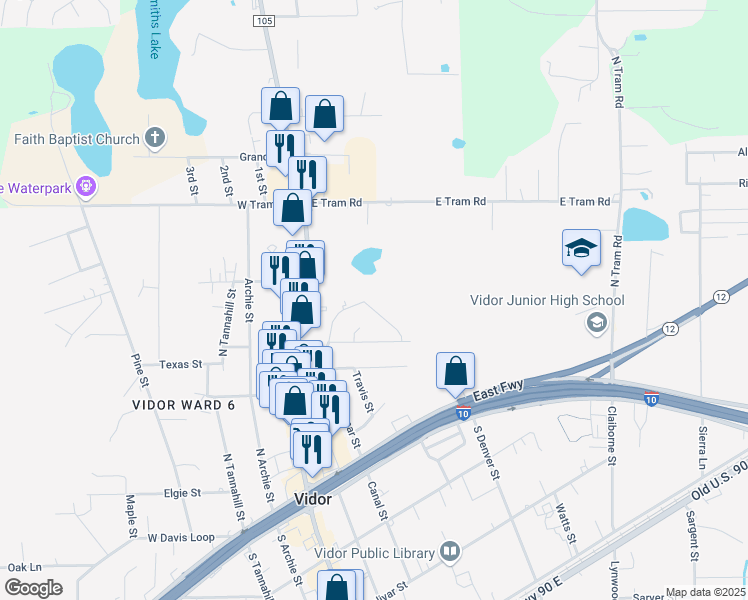 map of restaurants, bars, coffee shops, grocery stores, and more near 1350 Crestview Drive in Vidor
