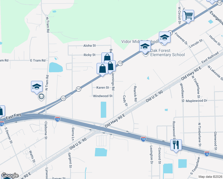 map of restaurants, bars, coffee shops, grocery stores, and more near 401-451 Jennings Road in Vidor