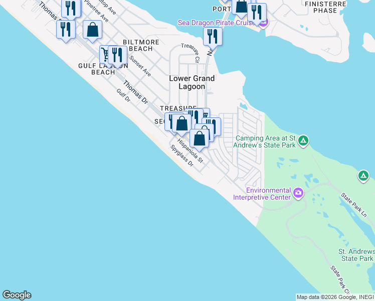 map of restaurants, bars, coffee shops, grocery stores, and more near 4909 Hispaniola Street in Panama City Beach