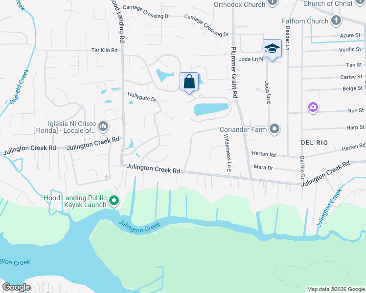 map of restaurants, bars, coffee shops, grocery stores, and more near 4423 Thicket Ridge Court in Jacksonville